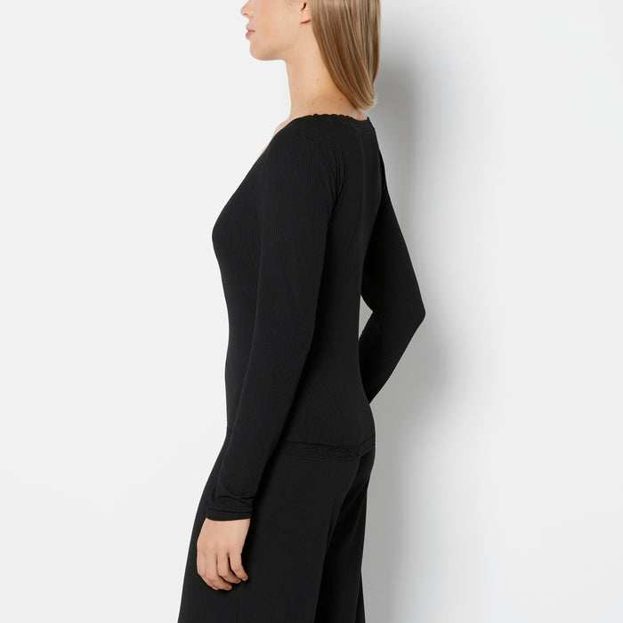 Casual Sleep Ribbed Long Sleeve Top With Lace Trim in Tuxedo Black