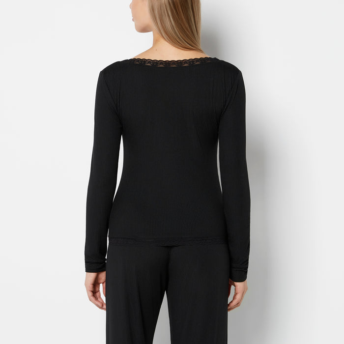 Casual Sleep Ribbed Long Sleeve Top With Lace Trim in Tuxedo Black