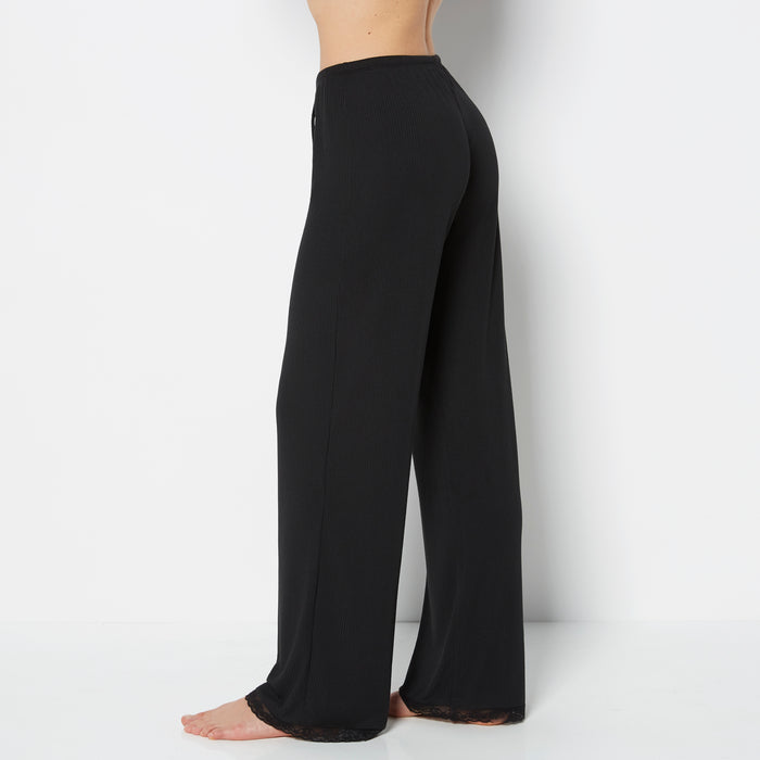 Casual Sleep Ribbed Pant With Picot Trim in Tuxedo Black