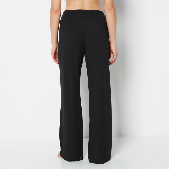 Casual Sleep Ribbed Pant With Picot Trim in Tuxedo Black