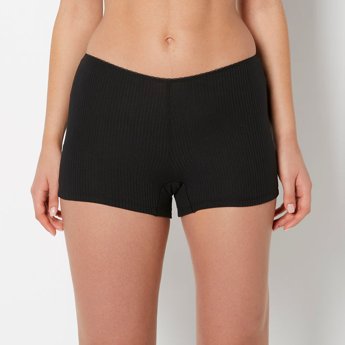 Casual Sleep Ribbed Short With Picot Trim in Tuxedo Black