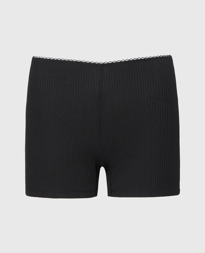 Casual Sleep Ribbed Short With Picot Trim in Tuxedo Black
