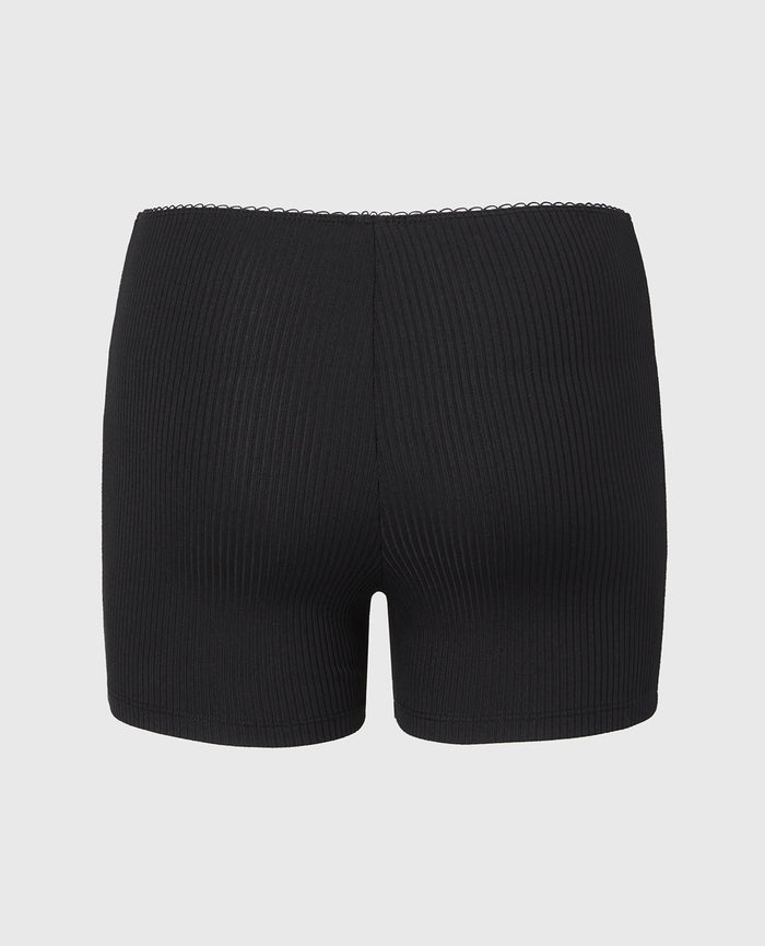 Casual Sleep Ribbed Short With Picot Trim in Tuxedo Black