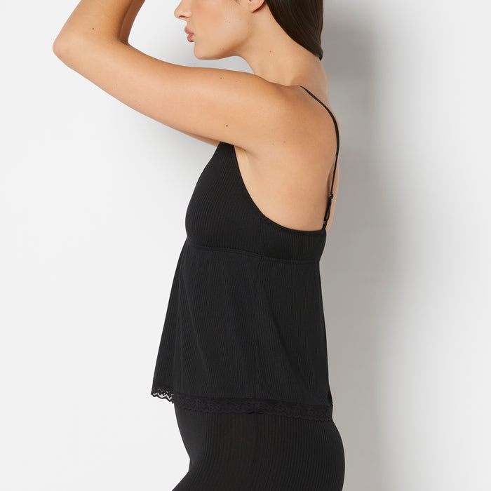 Casual Sleep Ribbed V Neck Tank With Lace Trim in Tuxedo Black