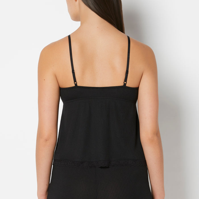 Casual Sleep Ribbed V Neck Tank With Lace Trim in Tuxedo Black