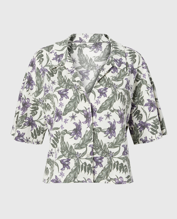 Casual Sleep Short Sleeve Textured Knit Button Down in Island Floral