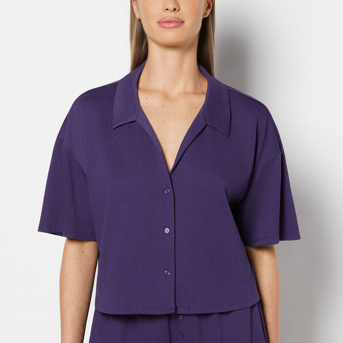 Casual Sleep Short Sleeve Textured Knit Button Down in Mulberry Purple