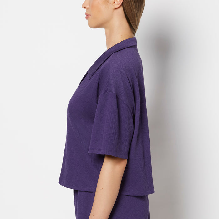 Casual Sleep Short Sleeve Textured Knit Button Down in Mulberry Purple