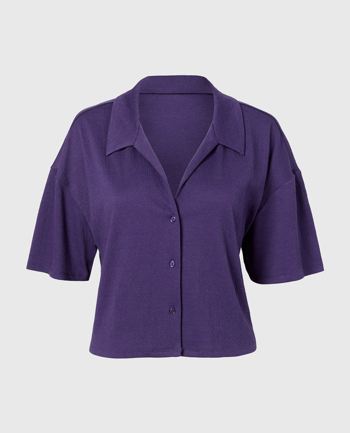 Casual Sleep Short Sleeve Textured Knit Button Down in Mulberry Purple