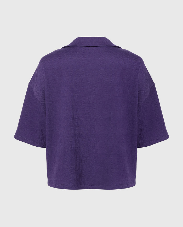 Casual Sleep Short Sleeve Textured Knit Button Down in Mulberry Purple