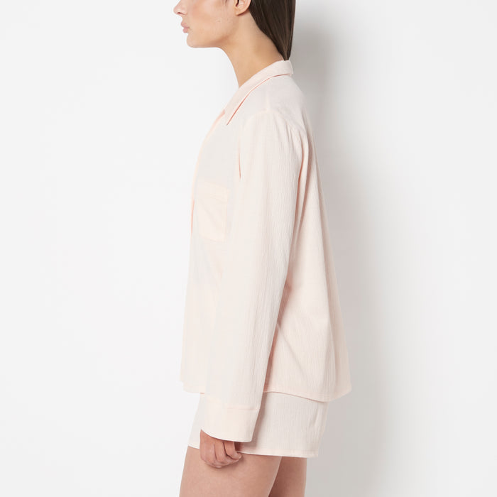 Casual Sleep Textured Knit Long Sleeve Button Down in Pearl Blush