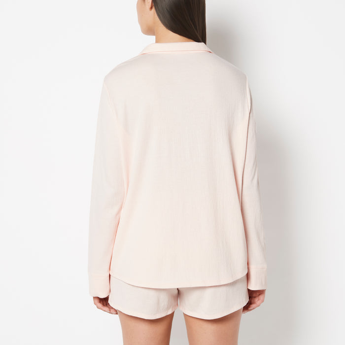 Casual Sleep Textured Knit Long Sleeve Button Down in Pearl Blush