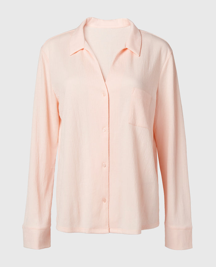 Casual Sleep Textured Knit Long Sleeve Button Down in Pearl Blush