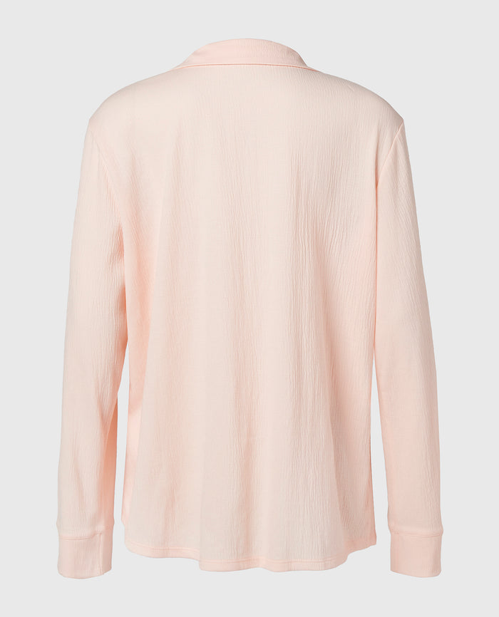 Casual Sleep Textured Knit Long Sleeve Button Down in Pearl Blush