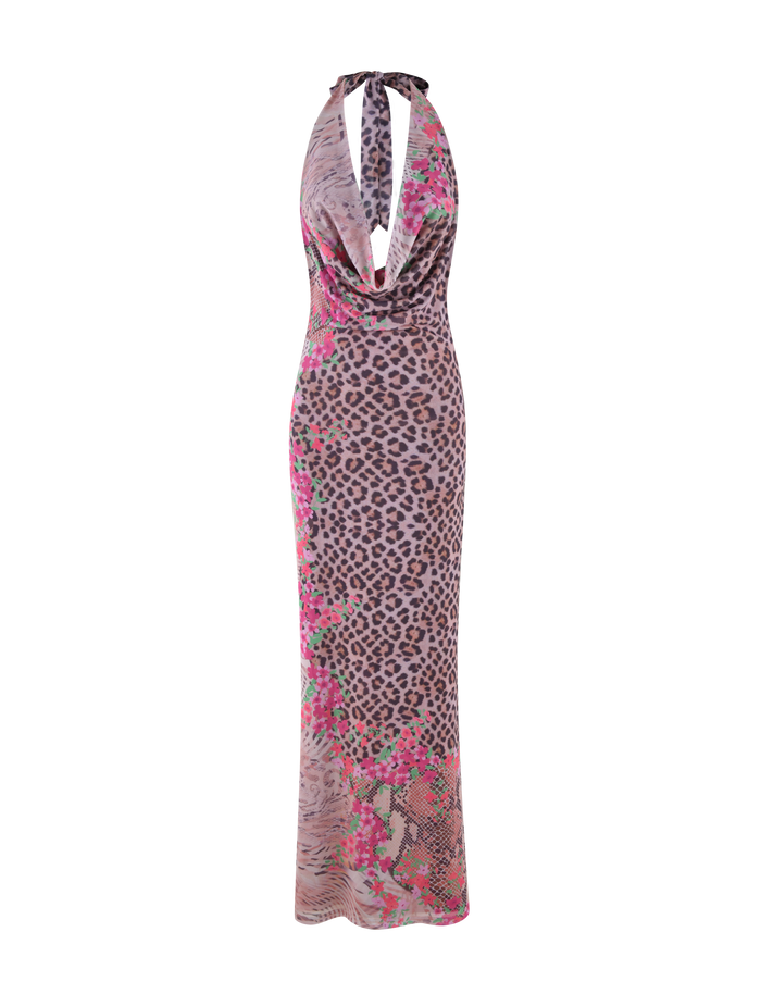 The TIGERMIST CATALINA MAXI DRESS - NEUTRAL features a sleeveless, floor-length silhouette with a cowl neckline, showcasing an animal floral border print in pink and brown hues with bright pink accents throughout.
