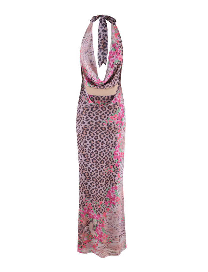 The TIGERMIST CATALINA MAXI DRESS - NEUTRAL features a sleeveless, backless halter-neck design and an animal floral border print with pink accents and waist cutout, shown on a white background.