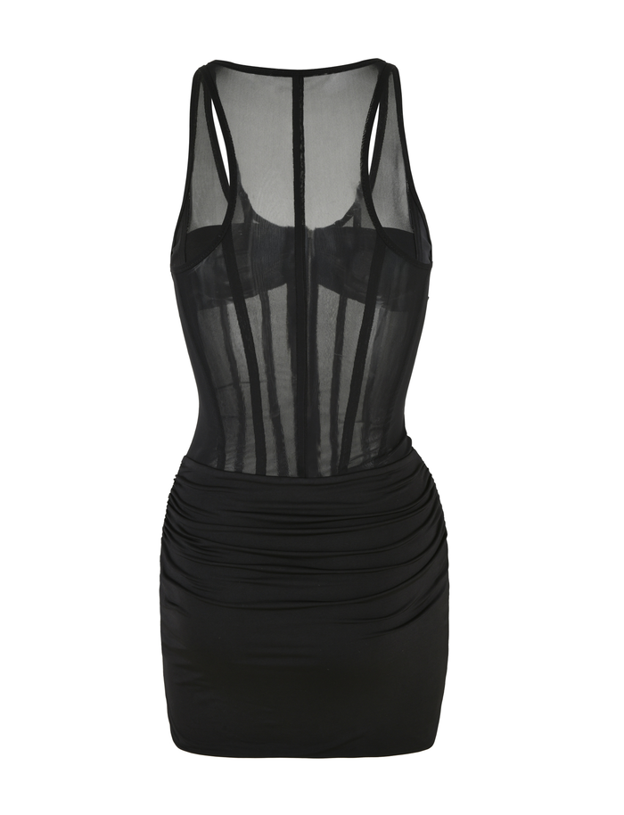The TIGERMIST CATERINA MINI DRESS - BLACK is a sleeveless, fitted mini dress with a sheer upper mesh, ruched sides, stretchy fabric, slinky jersey lining, visible back seam lines, and a semi-transparent finish.