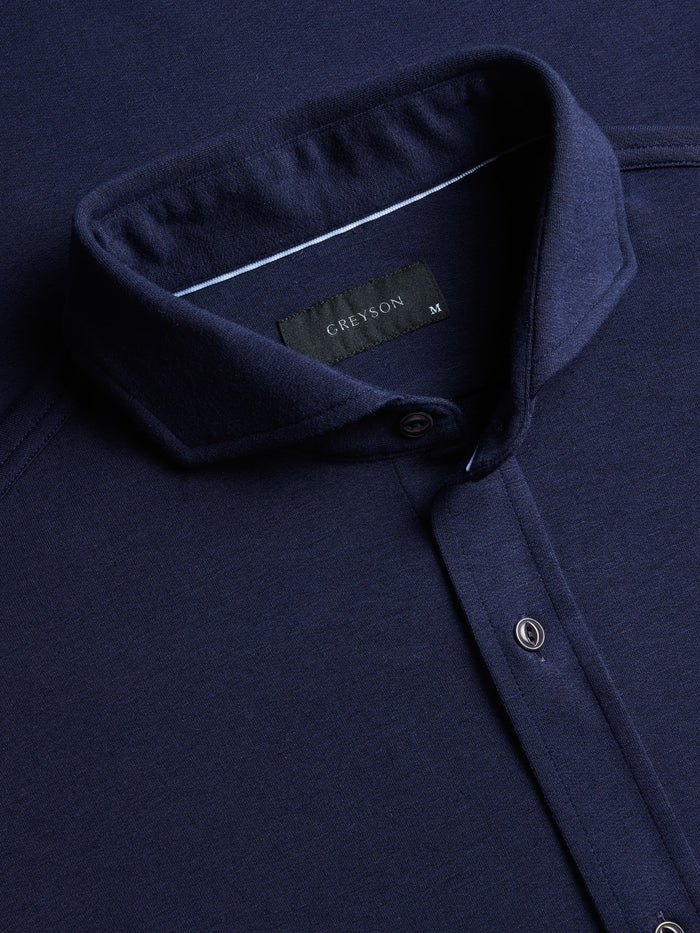 Vintage Indigo Catskill Knit Shirt - Cutaway Collar, Greyson Label & Placket Close-Up | Greyson Clothiers