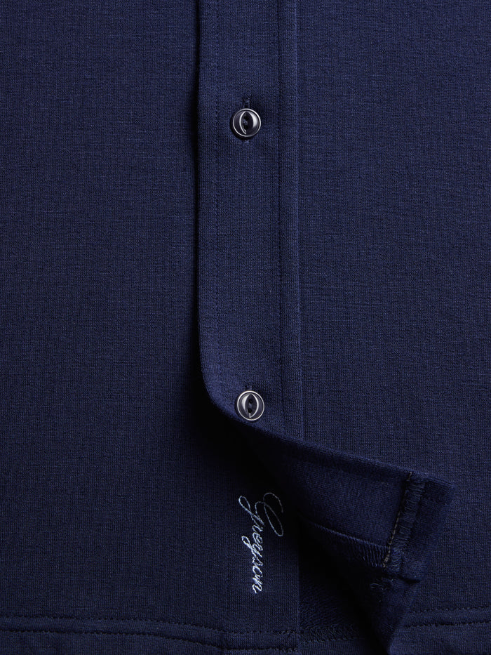Vintage Indigo Catskill Knit Shirt - Greyson Script Logo & Placket Button Close-Up | Greyson Clothiers