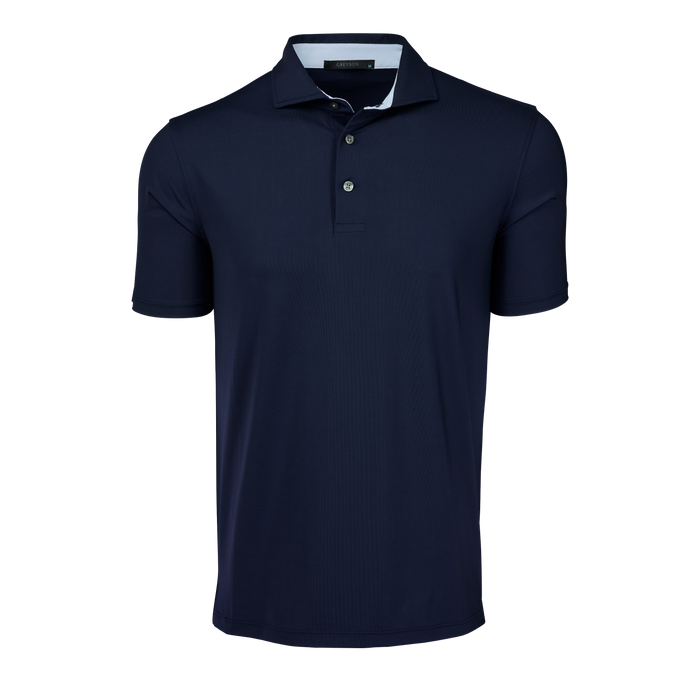 Navy Greyson Cayuse Short Sleeve Performance Golf Polo, Contrast Collar - Front View | Greyson Clothiers