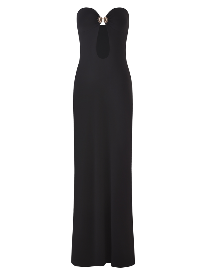 The TIGERMIST CECILY MAXI DRESS - BLACK is a long, strapless evening gown with a sweetheart neckline, keyhole cutout below the bust, and bold metallic ring detail at the center chest.