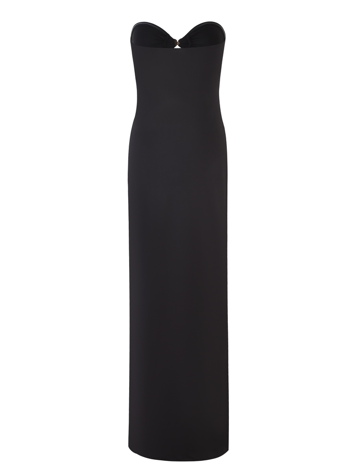 The CECILY MAXI DRESS - BLACK by TIGERMIST is a strapless floor-length evening gown with a sweetheart neckline and fitted silhouette.