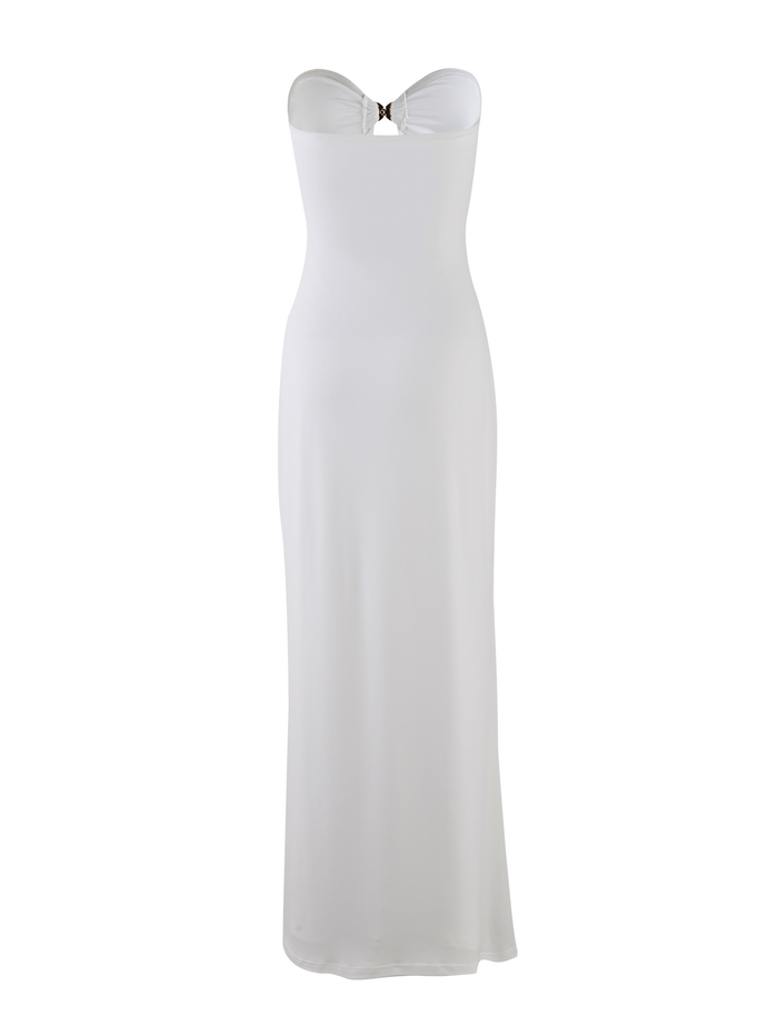 The CECILY MAXI DRESS - WHITE by TIGERMIST is a strapless, fitted white maxi dress with a sweetheart neckline and a metallic V-shaped accent at the bust.