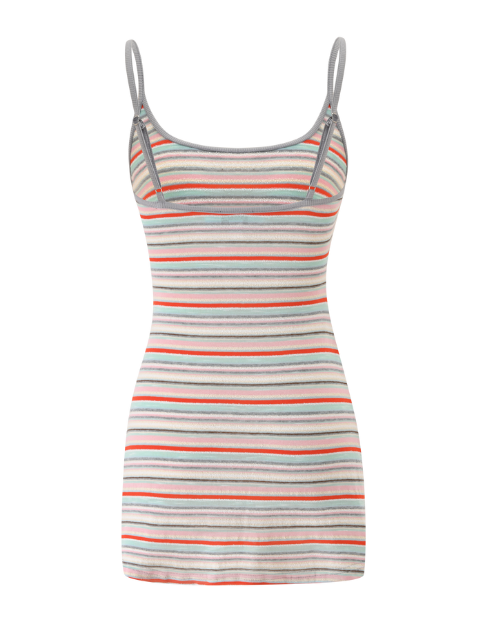 The TIGERMIST CELESTE MINI DRESS - MINTY STRIPE is a sleeveless, fitted knit mini dress with thin straps and horizontal stripes in grey, red, orange, green, and white.