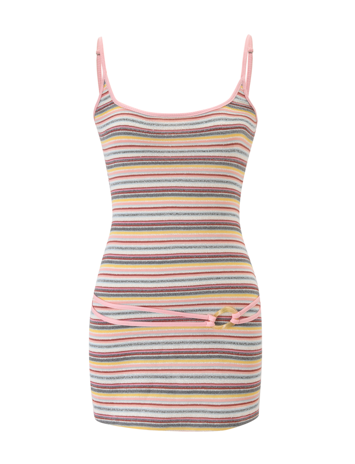 The TIGERMIST CELESTE MINI DRESS - MULTISTRIPE is a sleeveless, fitted ribbed mini dress with a colorful striped pattern, thin pink straps, and a slim pink waist belt for extra definition.