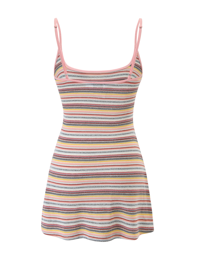 The CELESTE MINI DRESS by TIGERMIST features a sleeveless A-line silhouette with pink spaghetti straps, a scoop neckline, and multicoloured horizontal stripes, crafted from ribbed fabric for stylish texture.