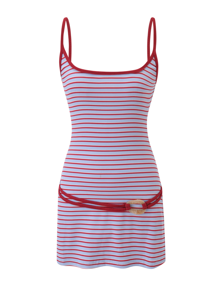 The TIGERMIST CELESTE MINI DRESS - RED STRIPE features a sleeveless, fitted ribbed design with red adjustable straps, scoop neckline, and horizontal red, white, and lavender stripes. Finished with a red waist belt and wooden buckle.