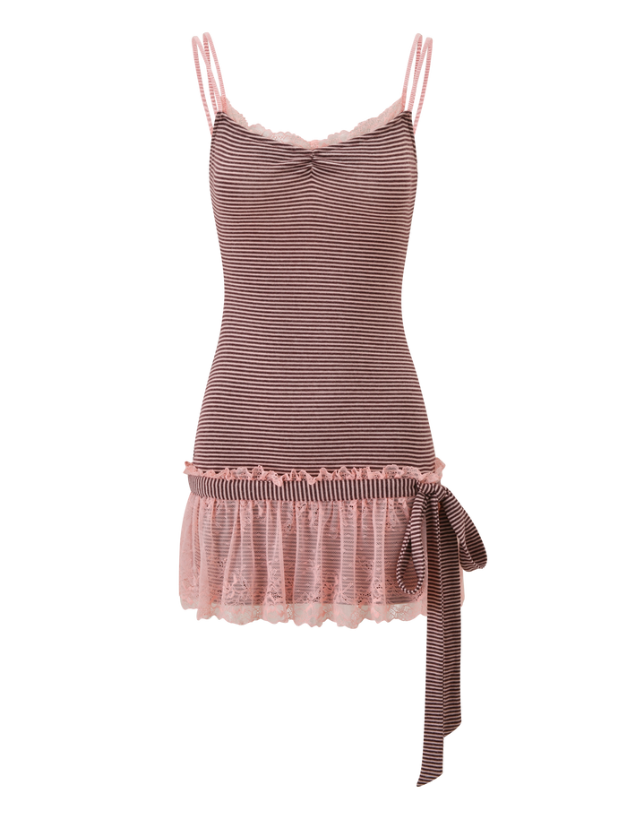 The CELIA MINI DRESS by TIGERMIST features pink and brown stripes, double spaghetti straps, a lace-trimmed neckline, scalloped lace skirt details, and a large hip bow—an ideal summer pick.