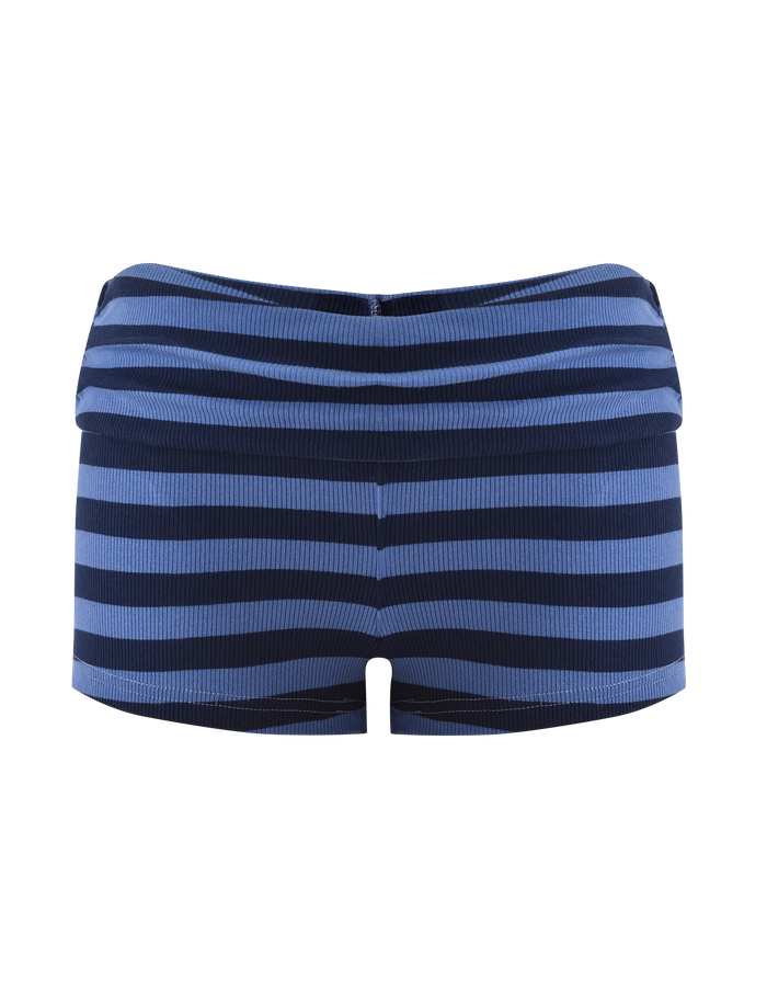 The CERYS RIB SHORT - BLUE NAVY STRIPE from TIGERMIST features blue and navy stripes, ribbed knit fabric, and a chic foldover waistband, shown against a plain white background.