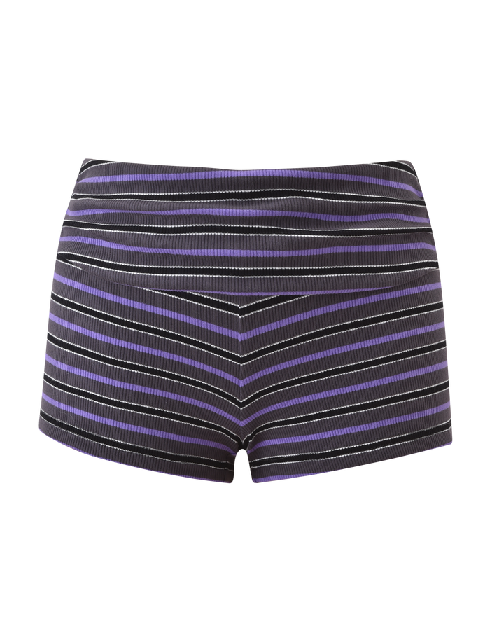 The TIGERMIST CERYS RIB SHORT - GREY STRIPE is a high-waisted, fitted ribbed knit mini short featuring horizontal grey stripes, shown against a plain white background.