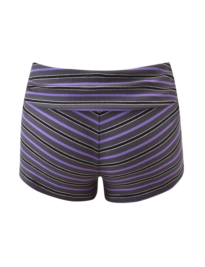 The TIGERMIST CERYS RIB SHORT - GREY STRIPE is a pair of super mini shorts with diagonal grey, black, and white stripes and a fitted ribbed knit design, shown from the back against a plain white background.