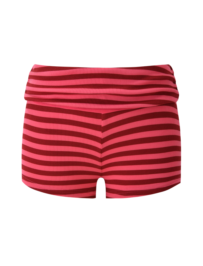 The TIGERMIST CERYS RIB SHORT in pink and red stripe features ribbed knit fabric, horizontal stripes, and a foldover waistband, shown on a plain white background.