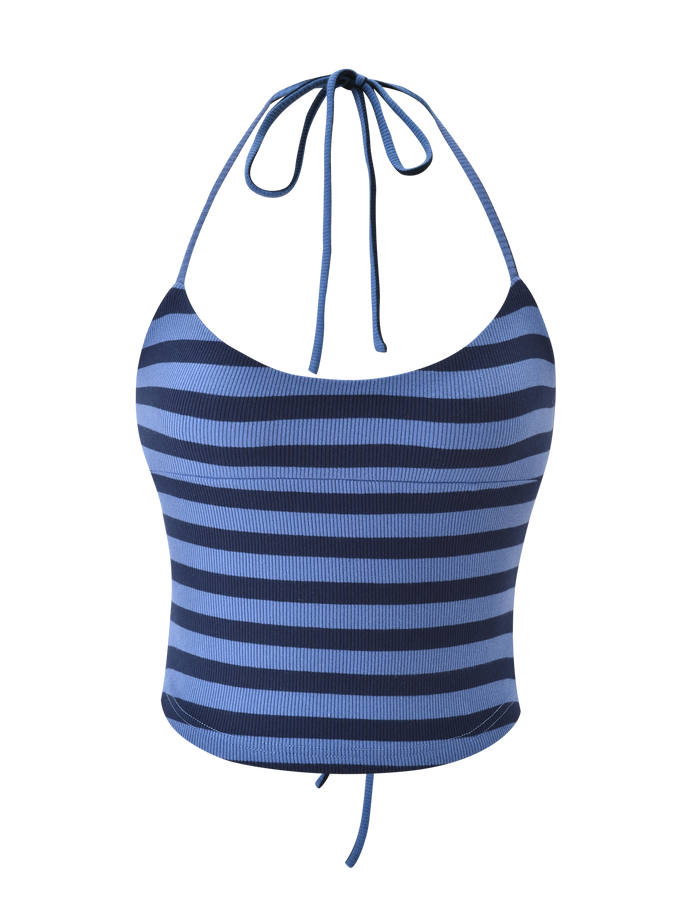 The TIGERMIST CERYS RIB TOP - BLUE NAVY STRIPE is a sleeveless, ribbed knit halter with light and dark blue stripes and thin tie straps at the neck and back.