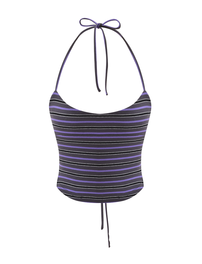The CERYS RIB TOP - GREY STRIPE by TIGERMIST is a ribbed knit halter crop top with grey-toned stripes, featuring a neck tie, waist drawstring, and classic halter styling.