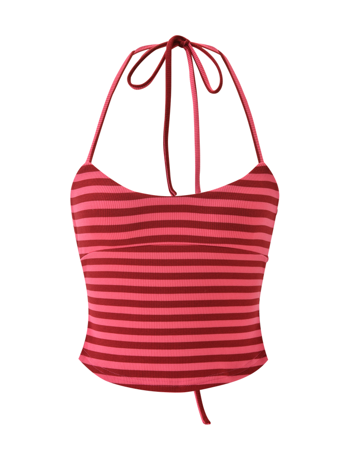 The CERYS RIB TOP by TIGERMIST features pink and red stripes, thin halter straps that tie at the neck and back, and a flattering scoop neckline, shown against a plain white background.
