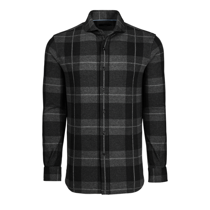 Smoke Heather Chamonix Fleece Knit Shirt - Plaid Front View, Spread Collar | Greyson Clothiers