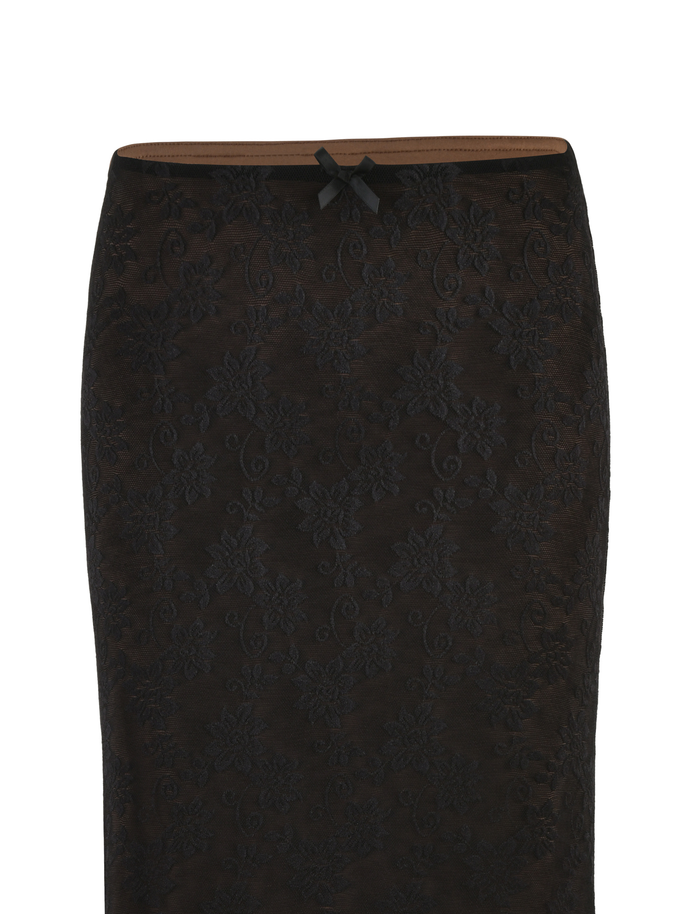 A close-up of the TIGERMIST CHARLEIGH SKIRT - BLACK : LACE, a fitted midi with delicate floral lace and a small black bow at the waistband, shown against a white background.