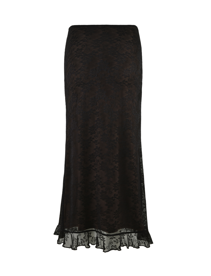 The TIGERMIST CHARLEIGH SKIRT - BLACK : LACE is a midi-length, black lace skirt with a subtle floral pattern and flared ruffled hem, shown against a white background.