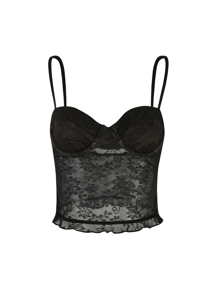 The CHARLEIGH TOP - BLACK : LACE by TIGERMIST features a black lace camisole crop design with spaghetti straps, a sweetheart neckline, floral lace pattern, semi-sheer bodice, and ruffled hem, shown on a white background.