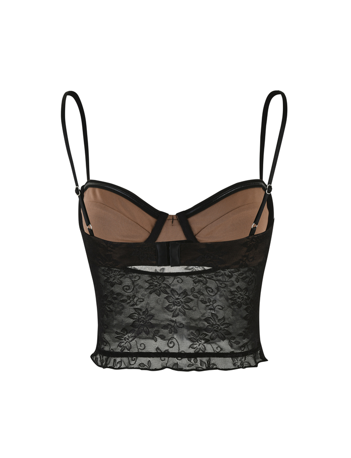 The CHARLEIGH TOP - BLACK : LACE by TIGERMIST features adjustable spaghetti straps, sheer floral lace, and a ruffled hem, shown on a white background.
