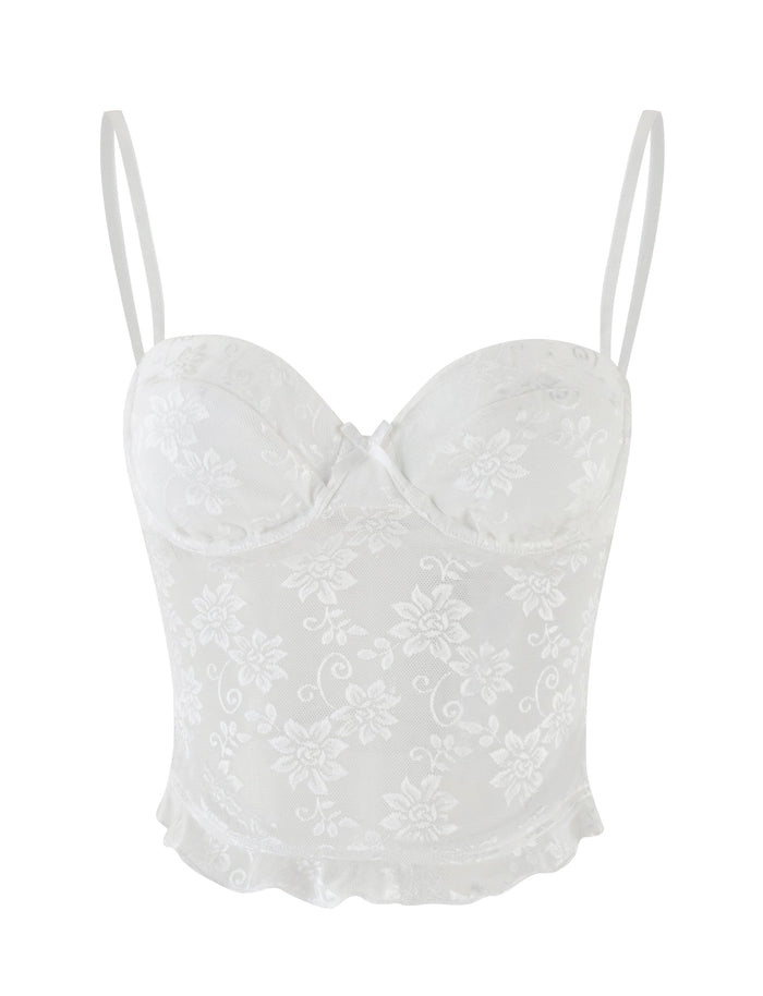 The CHARLEIGH TOP - WHITE by TIGERMIST is a lace camisole bustier with thin straps, floral embroidery, padded cups, a sweetheart neckline, and ruffled hem, shown against a plain white background.