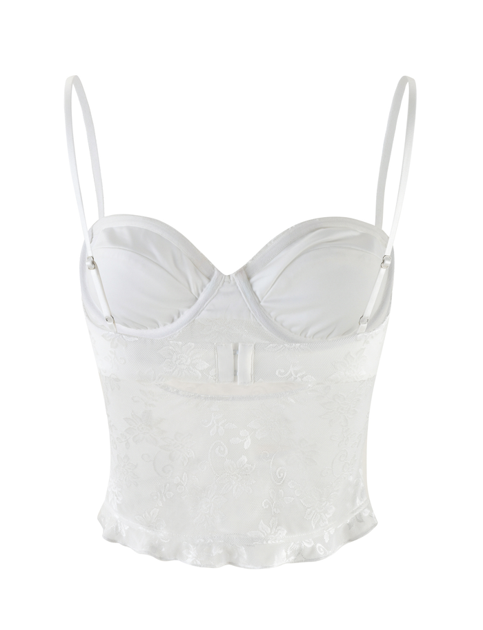 The CHARLEIGH TOP - WHITE by TIGERMIST features white lace, a sweetheart neckline, adjustable thin straps, fitted cups, floral pattern, semi-sheer bodice, and a slight ruffle hem.