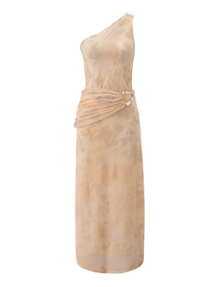 The CHARLYSE ONE SHOULDER MAXI DRESS by TIGERMIST comes in butter yellow, featuring a sleeveless one-shoulder neckline, subtle floral pattern, ruched waistband with metallic ring, and a straight ankle-length silhouette for an elegant look.