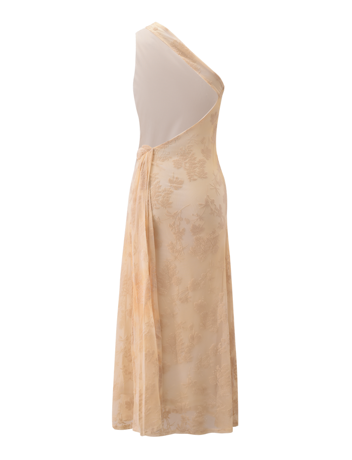 The TIGERMIST CHARLYSE ONE SHOULDER MAXI DRESS in butter yellow features a floral mesh design, one-shoulder neckline, sheer upper section, ruched waistband, and a flowing patterned skirt, shown on a plain white background.