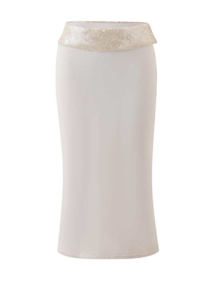 The TIGERMIST CHARLYZE MIDI SKIRT in cream features a body-hugging silhouette and a shiny sequined waistband, shown on a plain white background.