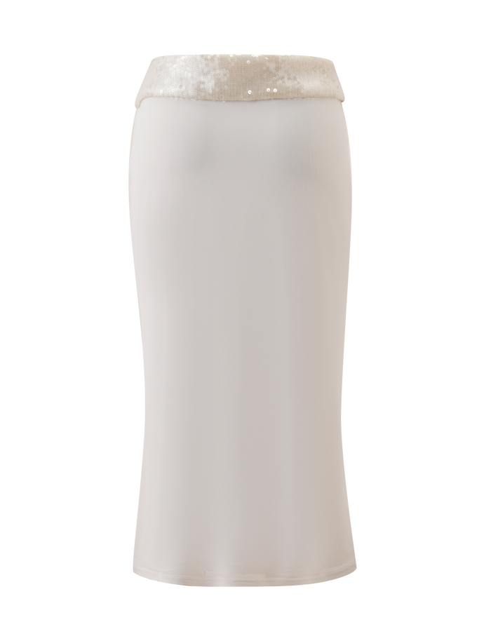 The CHARLYZE MIDI SKIRT - CREAM by TIGERMIST features a body-hugging silhouette and shimmering sequin waistband, shown against a plain white background.